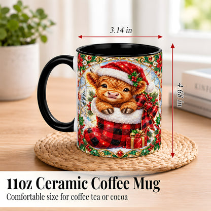 #pl[11oz|Black] Christmas Highland Cow Coffee Mug, Holiday Calf Mug, Ceramic Cup