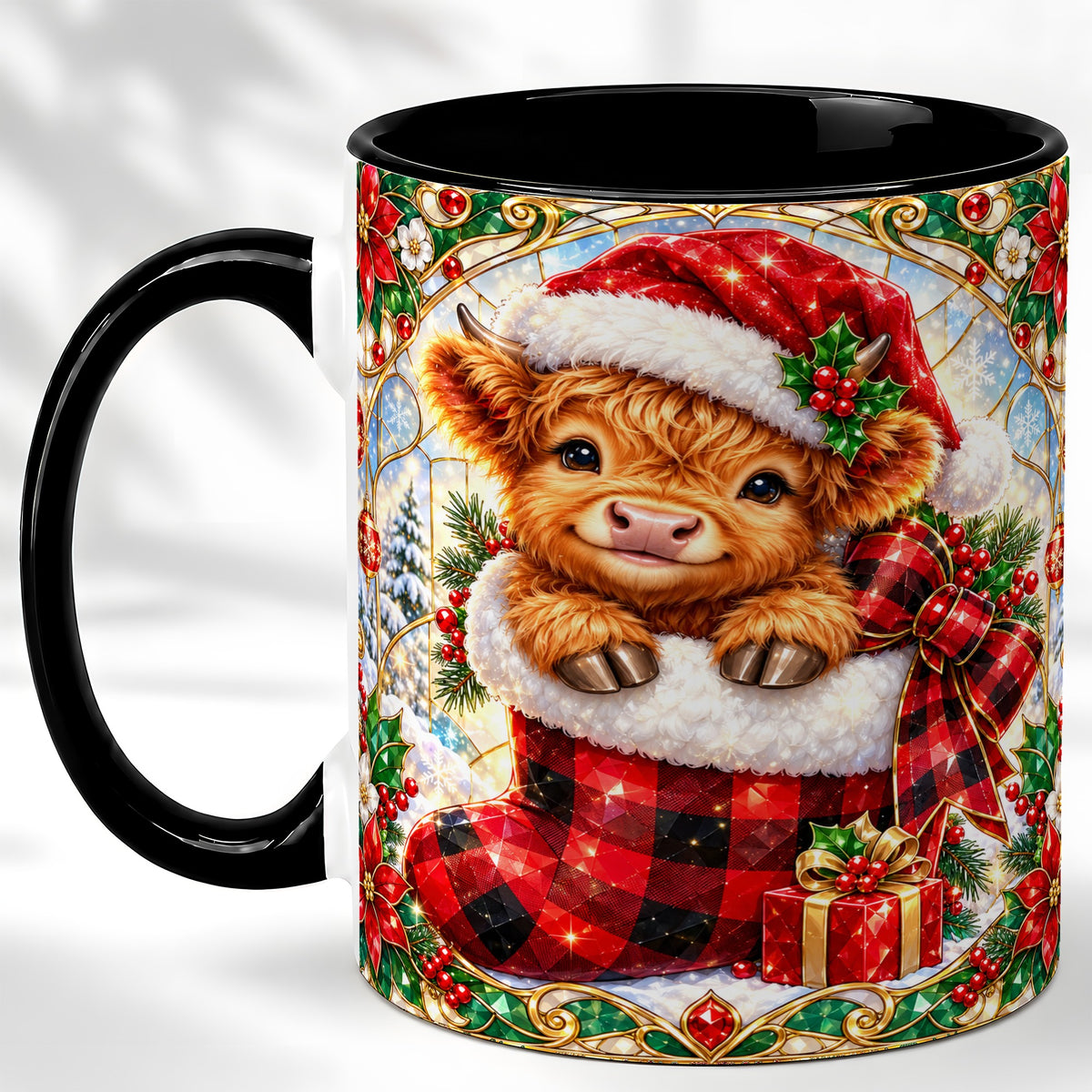 #pl[11oz|Black] Christmas Highland Cow Coffee Mug, Holiday Calf Mug, Ceramic Cup