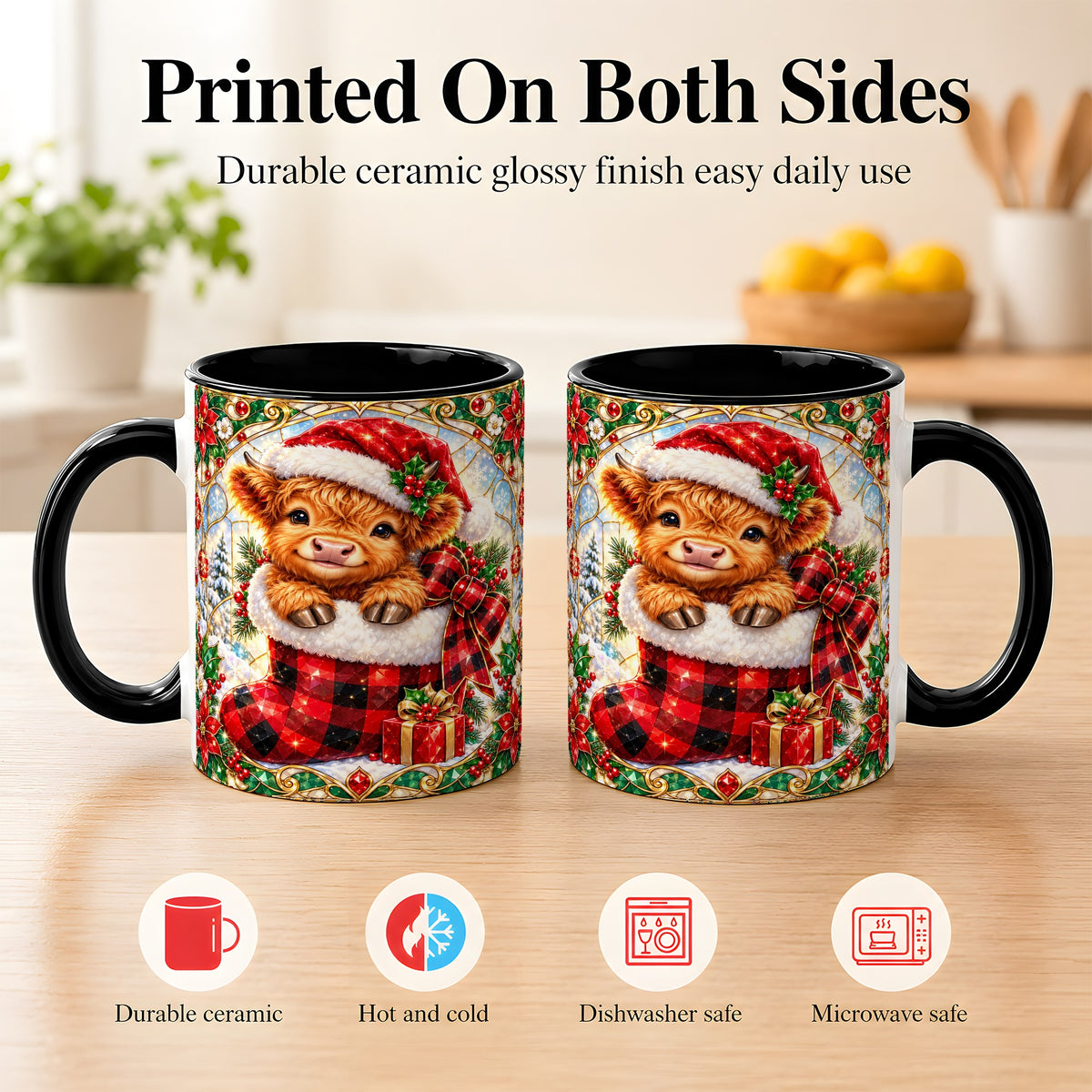 #pl[11oz|Black] Christmas Highland Cow Coffee Mug, Holiday Calf Mug, Ceramic Cup