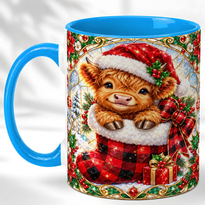#pl[11oz|Blue] Christmas Highland Cow Coffee Mug, Holiday Calf Mug, Ceramic Cup