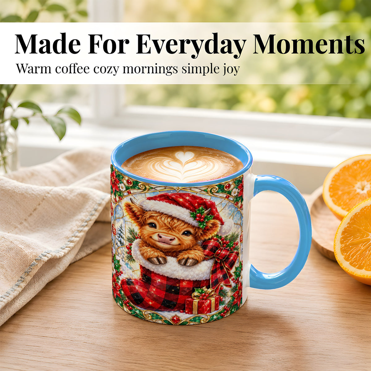 #pl[11oz|Blue] Christmas Highland Cow Coffee Mug, Holiday Calf Mug, Ceramic Cup