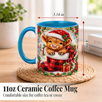 #pl[11oz|Blue] Christmas Highland Cow Coffee Mug, Holiday Calf Mug, Ceramic Cup