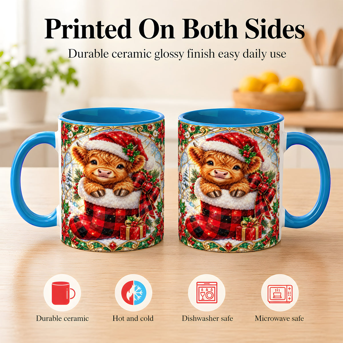 #pl[11oz|Blue] Christmas Highland Cow Coffee Mug, Holiday Calf Mug, Ceramic Cup