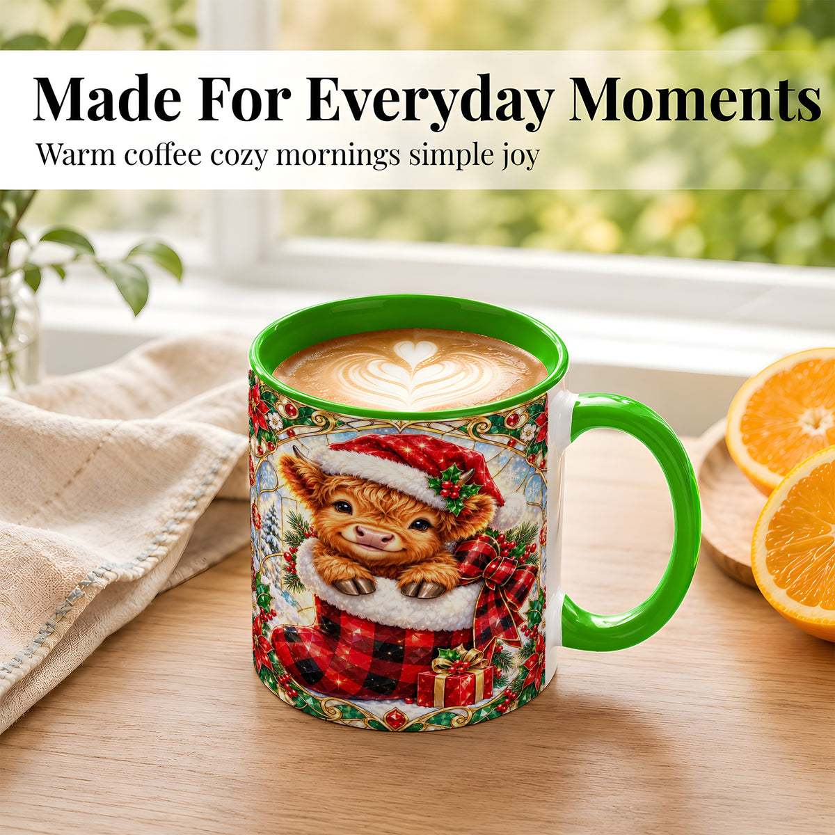 #pl[11oz|Green] Christmas Highland Cow Coffee Mug, Holiday Calf Mug, Ceramic Cup