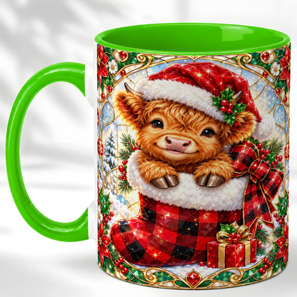 #pl[11oz|Green] Christmas Highland Cow Coffee Mug, Holiday Calf Mug, Ceramic Cup