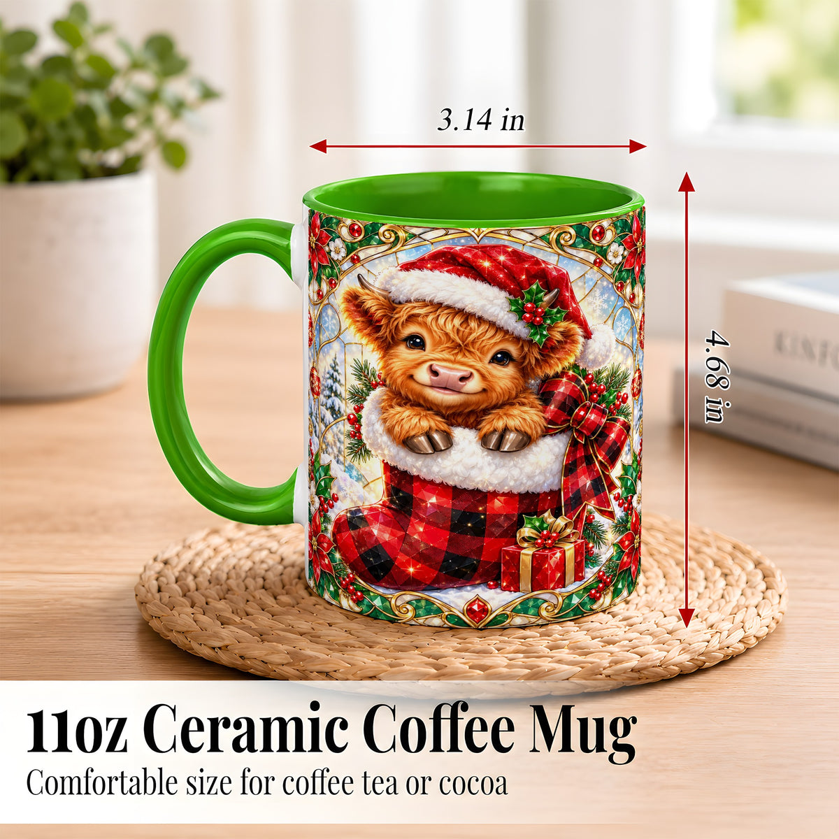 #pl[11oz|Green] Christmas Highland Cow Coffee Mug, Holiday Calf Mug, Ceramic Cup