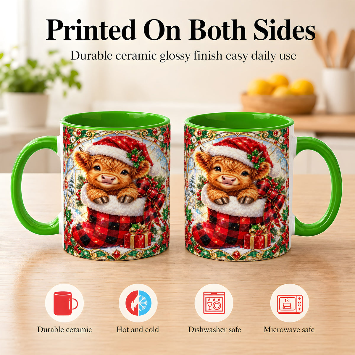 #pl[11oz|Green] Christmas Highland Cow Coffee Mug, Holiday Calf Mug, Ceramic Cup