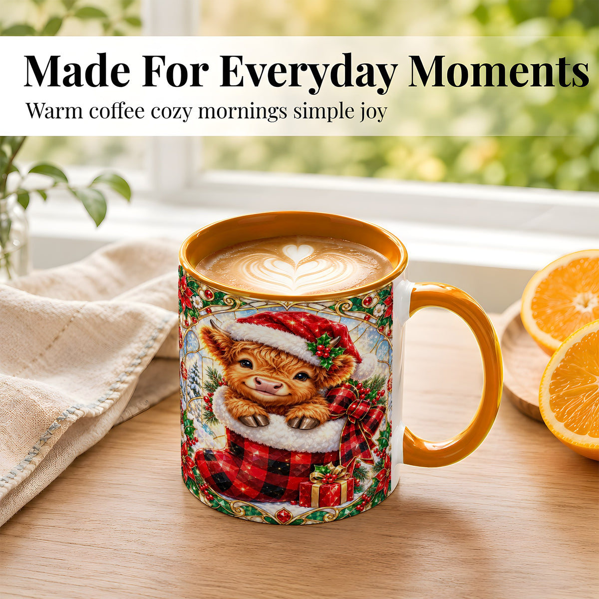 #pl[11oz|Orange] Christmas Highland Cow Coffee Mug, Holiday Calf Mug, Ceramic Cup