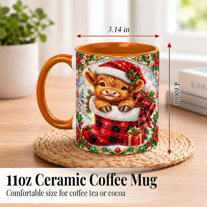 #pl[11oz|Orange] Christmas Highland Cow Coffee Mug, Holiday Calf Mug, Ceramic Cup