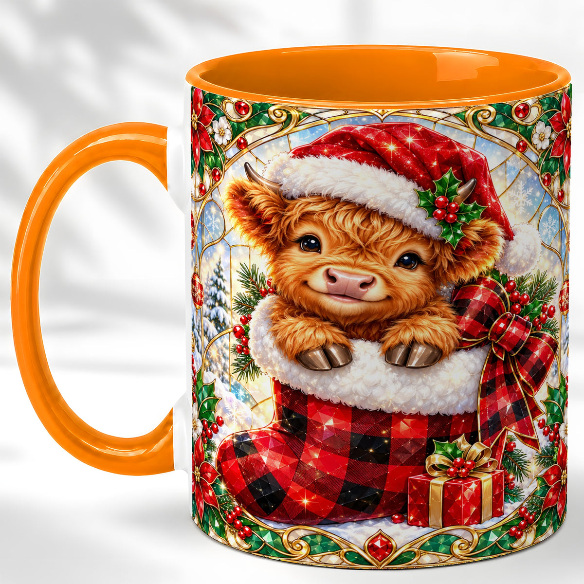 #pl[11oz|Orange] Christmas Highland Cow Coffee Mug, Holiday Calf Mug, Ceramic Cup