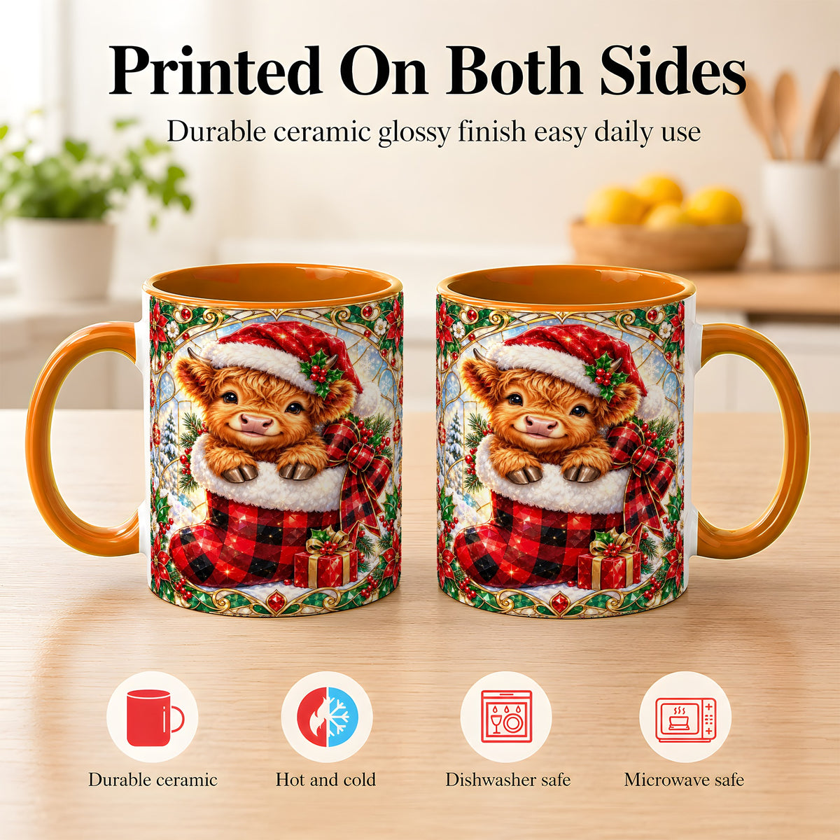 #pl[11oz|Orange] Christmas Highland Cow Coffee Mug, Holiday Calf Mug, Ceramic Cup