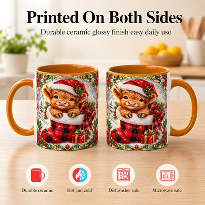 #pl[11oz|Orange] Christmas Highland Cow Coffee Mug, Holiday Calf Mug, Ceramic Cup