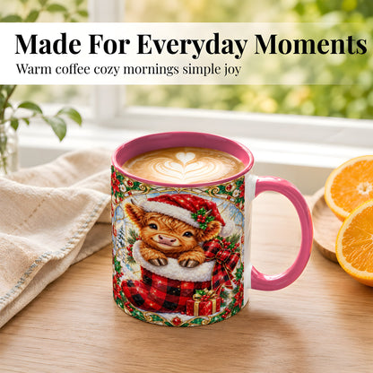 #pl[11oz|Pink] Christmas Highland Cow Coffee Mug, Holiday Calf Mug, Ceramic Cup