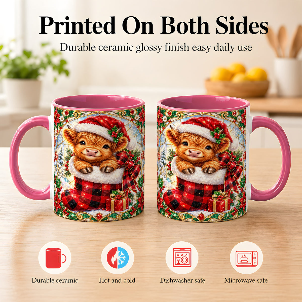 #pl[11oz|Pink] Christmas Highland Cow Coffee Mug, Holiday Calf Mug, Ceramic Cup