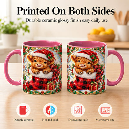 #pl[11oz|Pink] Christmas Highland Cow Coffee Mug, Holiday Calf Mug, Ceramic Cup
