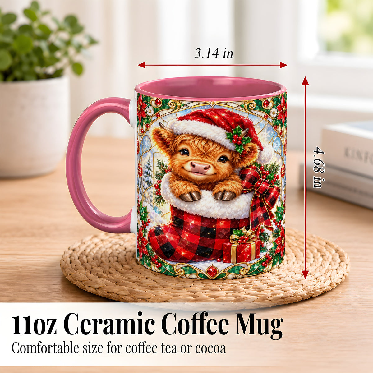 #pl[11oz|Pink] Christmas Highland Cow Coffee Mug, Holiday Calf Mug, Ceramic Cup