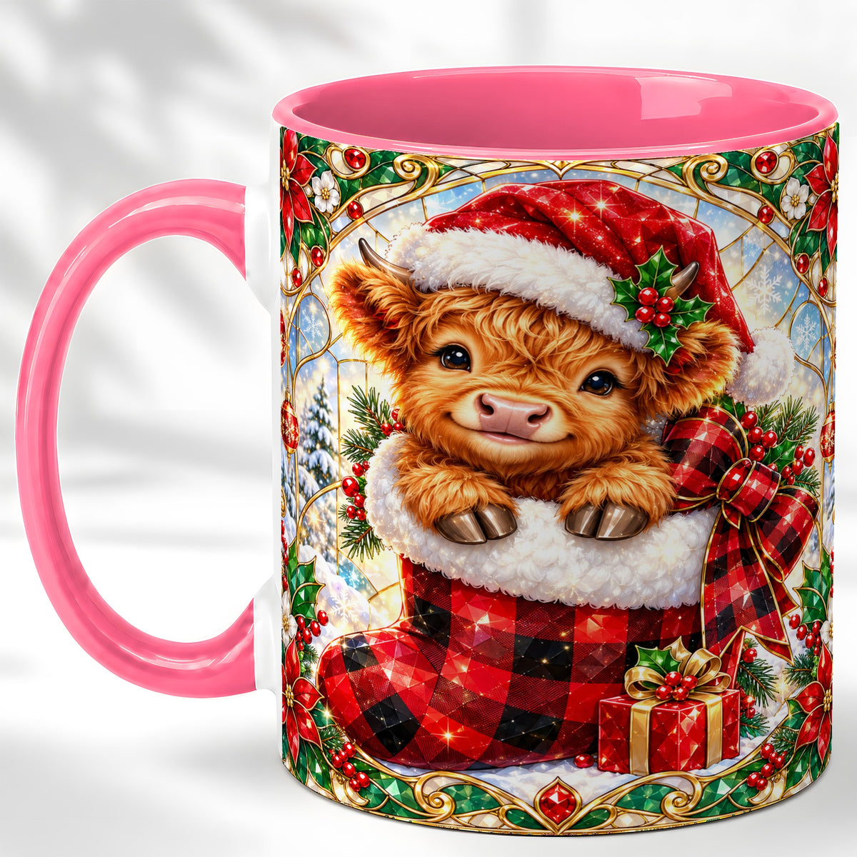#pl[11oz|Pink] Christmas Highland Cow Coffee Mug, Holiday Calf Mug, Ceramic Cup