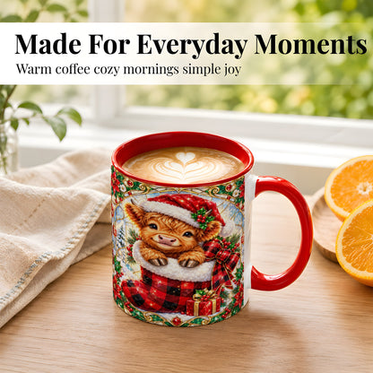 #pl[11oz|Red] Christmas Highland Cow Coffee Mug, Holiday Calf Mug, Ceramic Cup