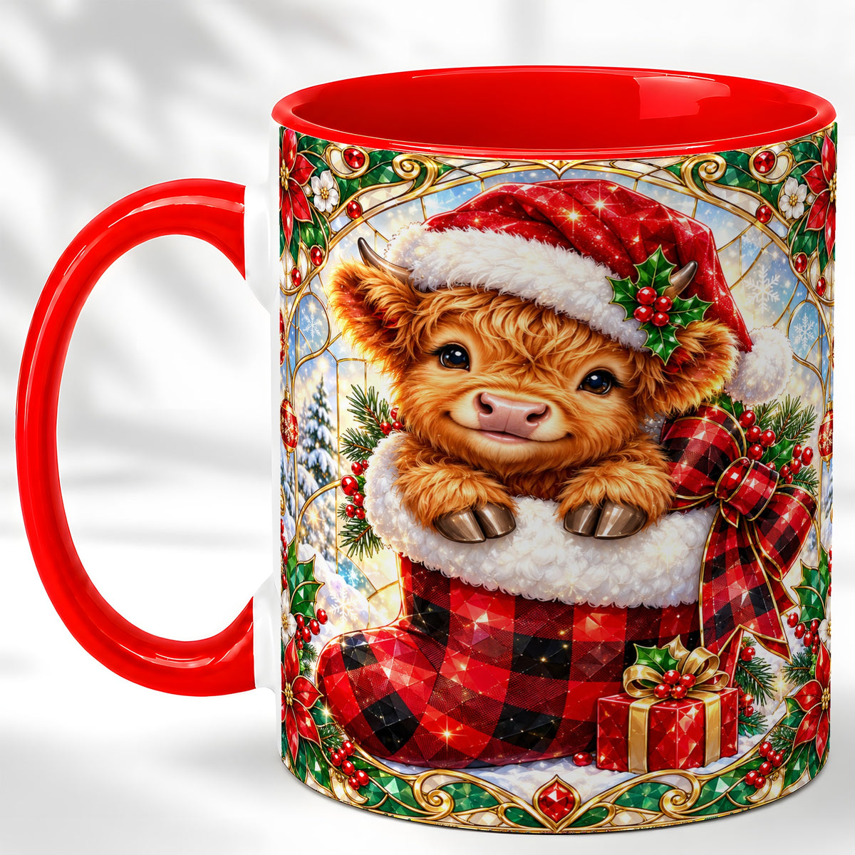 #pl[11oz|Red] Christmas Highland Cow Coffee Mug, Holiday Calf Mug, Ceramic Cup