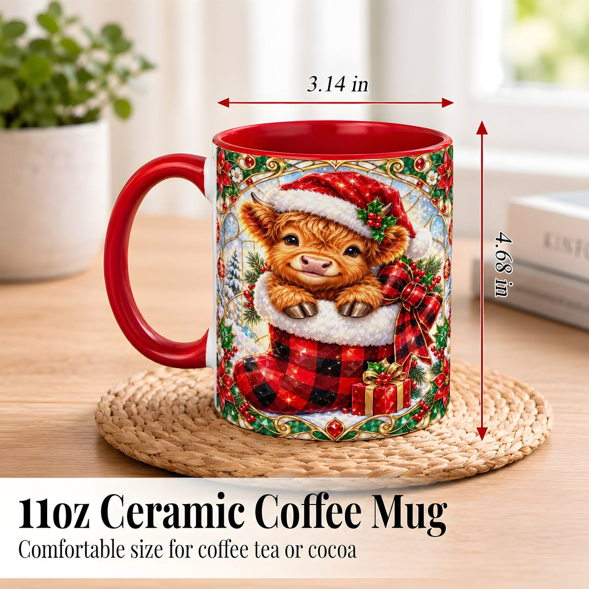 #pl[11oz|Red] Christmas Highland Cow Coffee Mug, Holiday Calf Mug, Ceramic Cup