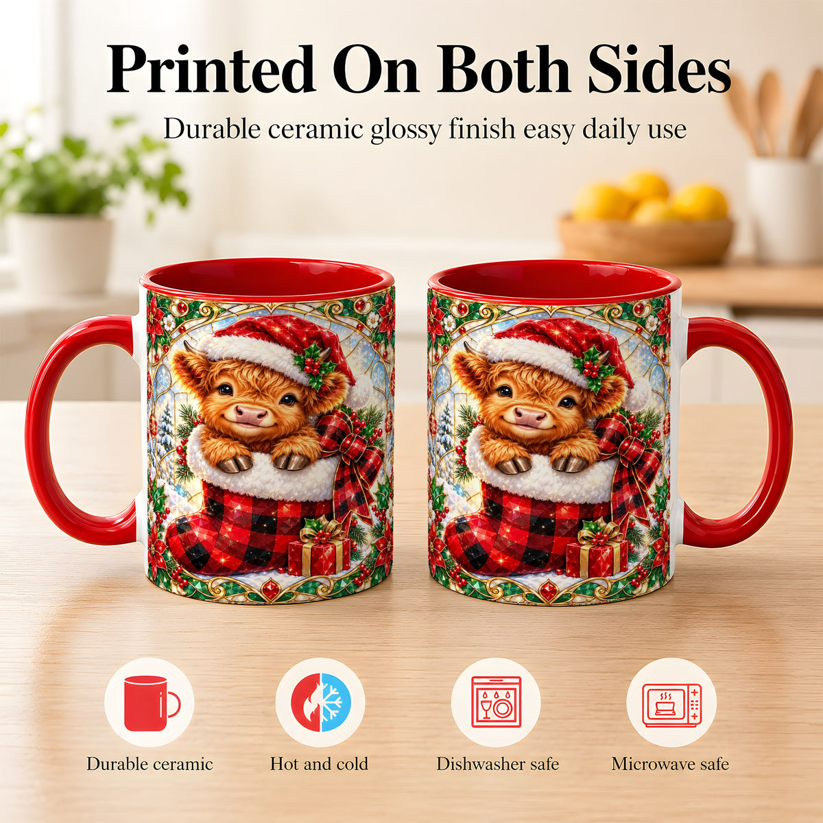 #pl[11oz|Red] Christmas Highland Cow Coffee Mug, Holiday Calf Mug, Ceramic Cup