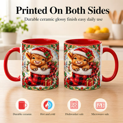 #pl[11oz|Red] Christmas Highland Cow Coffee Mug, Holiday Calf Mug, Ceramic Cup
