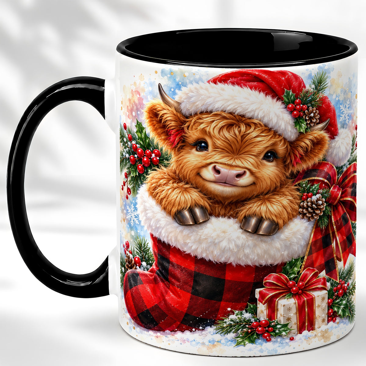 #pl[11oz|Black] Christmas Highland Cow Coffee Mug, Watercolor Calf Mug, Ceramic Cup