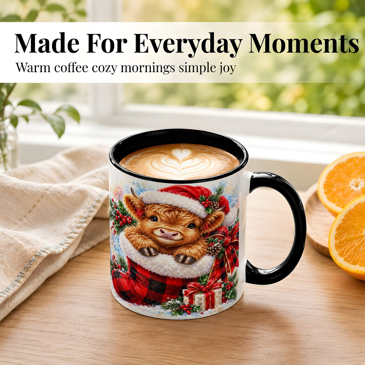 #pl[11oz|Black] Christmas Highland Cow Coffee Mug, Watercolor Calf Mug, Ceramic Cup
