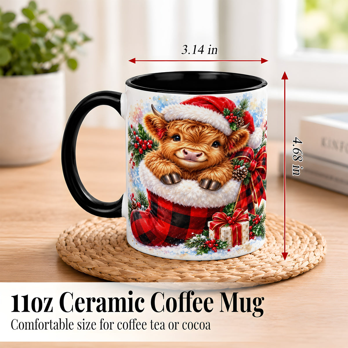 #pl[11oz|Black] Christmas Highland Cow Coffee Mug, Watercolor Calf Mug, Ceramic Cup