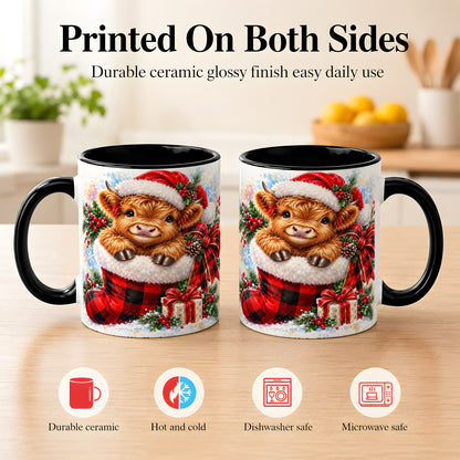 #pl[11oz|Black] Christmas Highland Cow Coffee Mug, Watercolor Calf Mug, Ceramic Cup