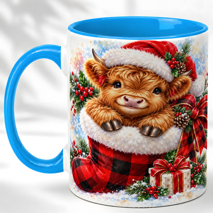#pl[11oz|Blue] Christmas Highland Cow Coffee Mug, Watercolor Calf Mug, Ceramic Cup