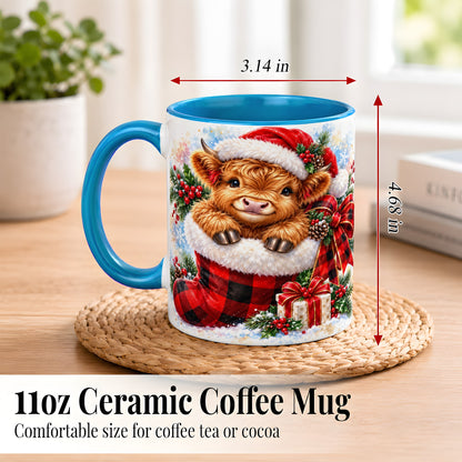 #pl[11oz|Blue] Christmas Highland Cow Coffee Mug, Watercolor Calf Mug, Ceramic Cup