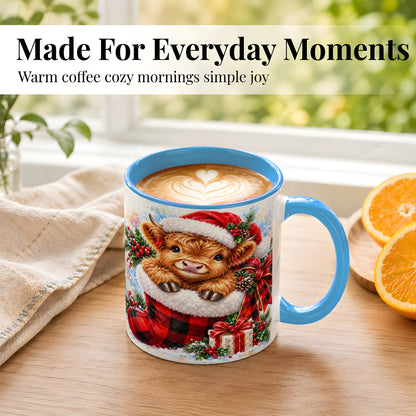 #pl[11oz|Blue] Christmas Highland Cow Coffee Mug, Watercolor Calf Mug, Ceramic Cup