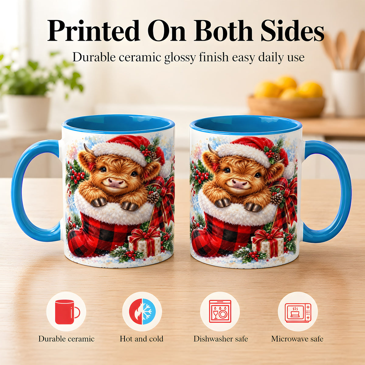 #pl[11oz|Blue] Christmas Highland Cow Coffee Mug, Watercolor Calf Mug, Ceramic Cup