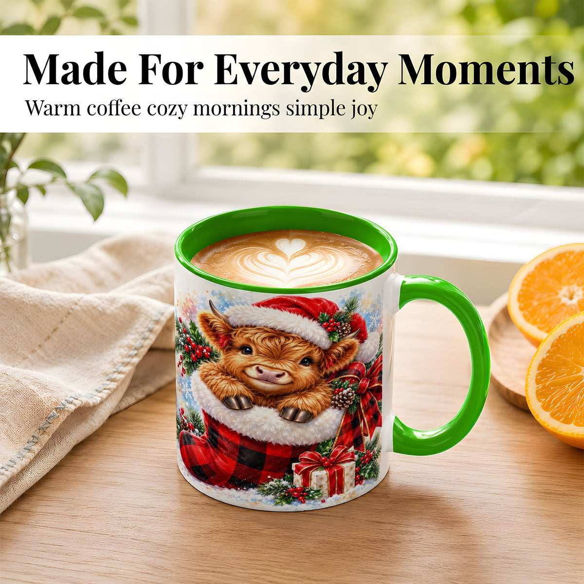 #pl[11oz|Green] Christmas Highland Cow Coffee Mug, Watercolor Calf Mug, Ceramic Cup