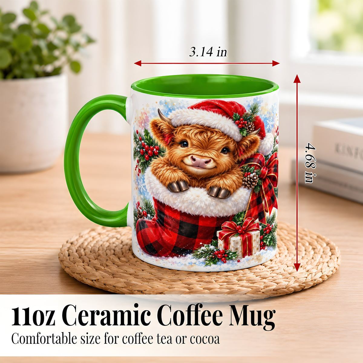 #pl[11oz|Green] Christmas Highland Cow Coffee Mug, Watercolor Calf Mug, Ceramic Cup