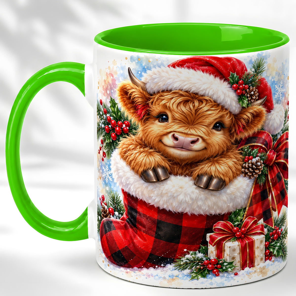 #pl[11oz|Green] Christmas Highland Cow Coffee Mug, Watercolor Calf Mug, Ceramic Cup