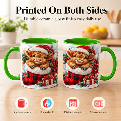 #pl[11oz|Green] Christmas Highland Cow Coffee Mug, Watercolor Calf Mug, Ceramic Cup
