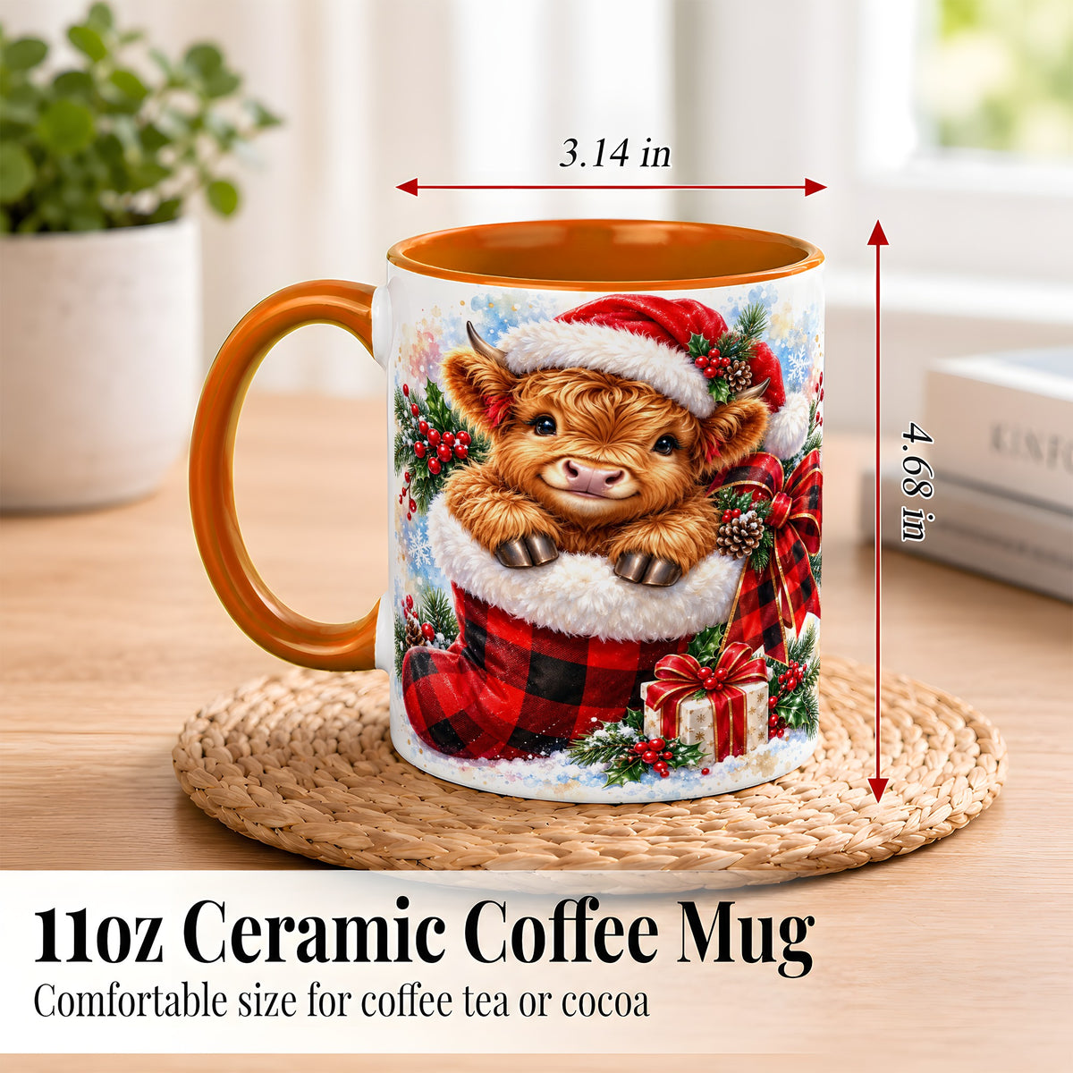 #pl[11oz|Orange] Christmas Highland Cow Coffee Mug, Watercolor Calf Mug, Ceramic Cup