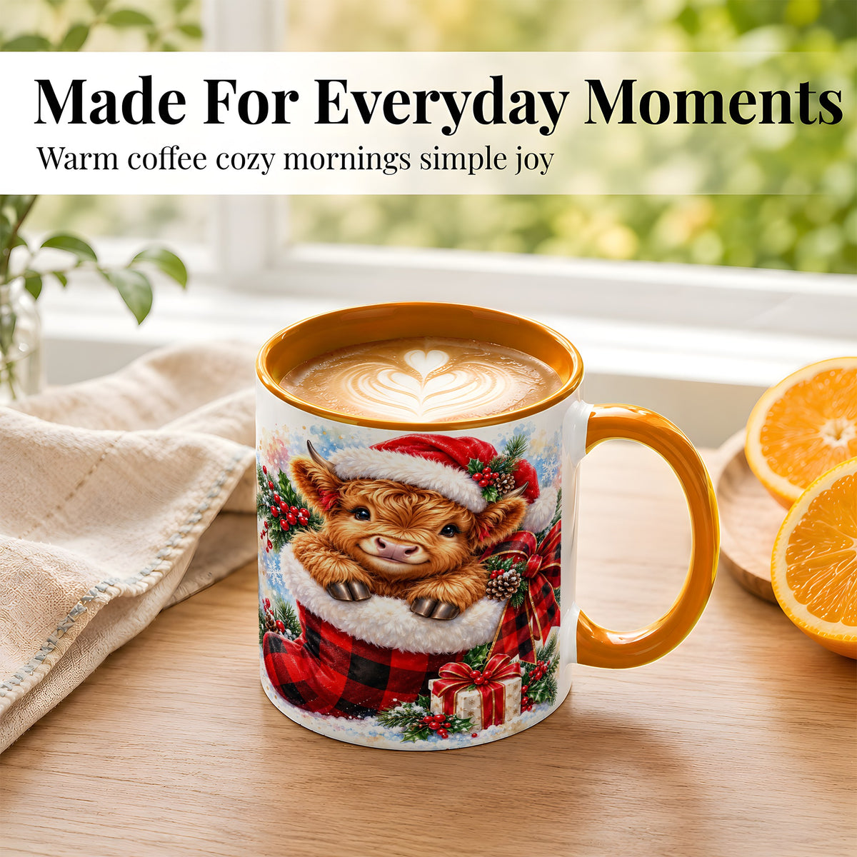 #pl[11oz|Orange] Christmas Highland Cow Coffee Mug, Watercolor Calf Mug, Ceramic Cup
