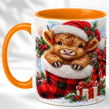 #pl[11oz|Orange] Christmas Highland Cow Coffee Mug, Watercolor Calf Mug, Ceramic Cup