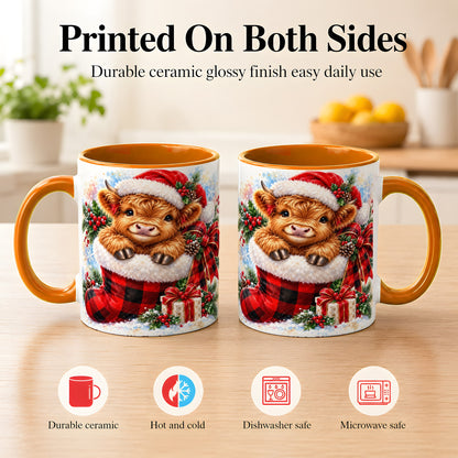 #pl[11oz|Orange] Christmas Highland Cow Coffee Mug, Watercolor Calf Mug, Ceramic Cup