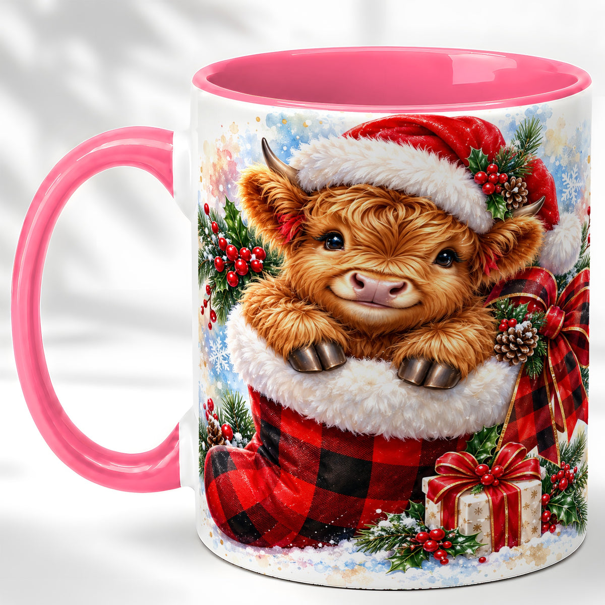 #pl[11oz|Pink] Christmas Highland Cow Coffee Mug, Watercolor Calf Mug, Ceramic Cup