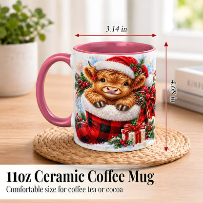 #pl[11oz|Pink] Christmas Highland Cow Coffee Mug, Watercolor Calf Mug, Ceramic Cup