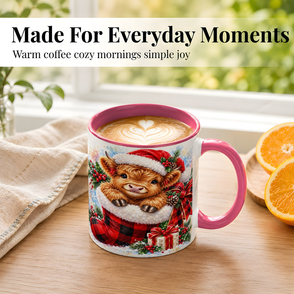 #pl[11oz|Pink] Christmas Highland Cow Coffee Mug, Watercolor Calf Mug, Ceramic Cup