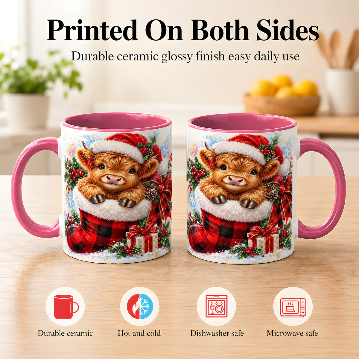 #pl[11oz|Pink] Christmas Highland Cow Coffee Mug, Watercolor Calf Mug, Ceramic Cup