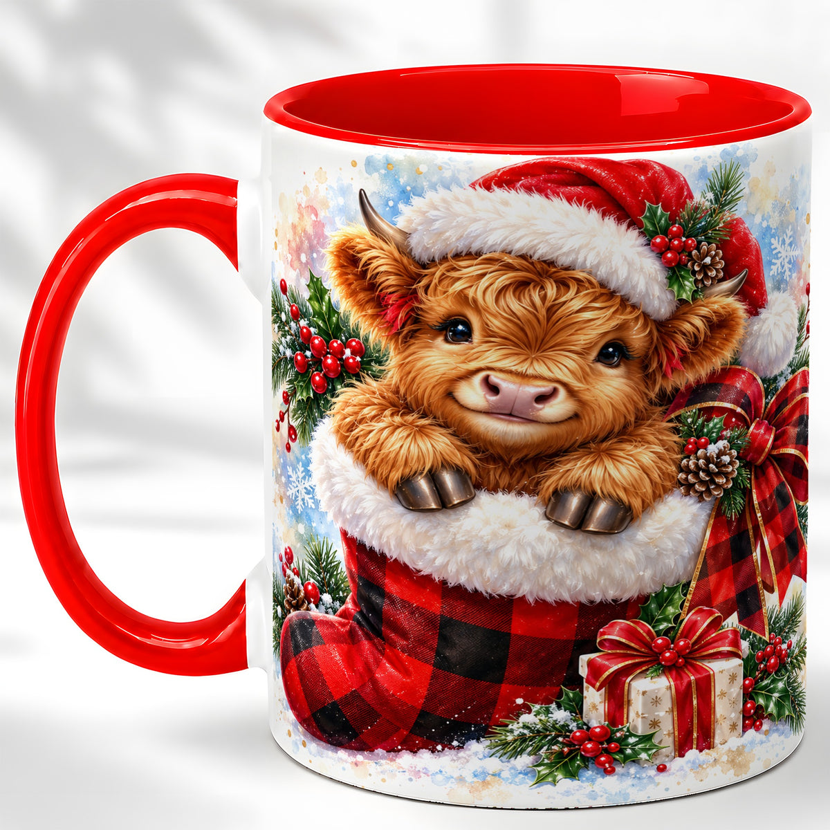 #pl[11oz|Red] Christmas Highland Cow Coffee Mug, Watercolor Calf Mug, Ceramic Cup