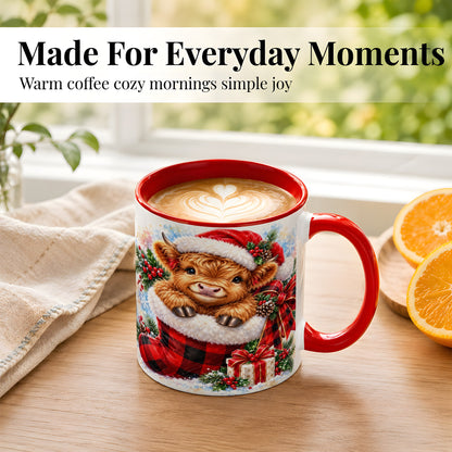 #pl[11oz|Red] Christmas Highland Cow Coffee Mug, Watercolor Calf Mug, Ceramic Cup