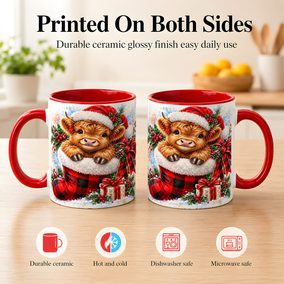 #pl[11oz|Red] Christmas Highland Cow Coffee Mug, Watercolor Calf Mug, Ceramic Cup