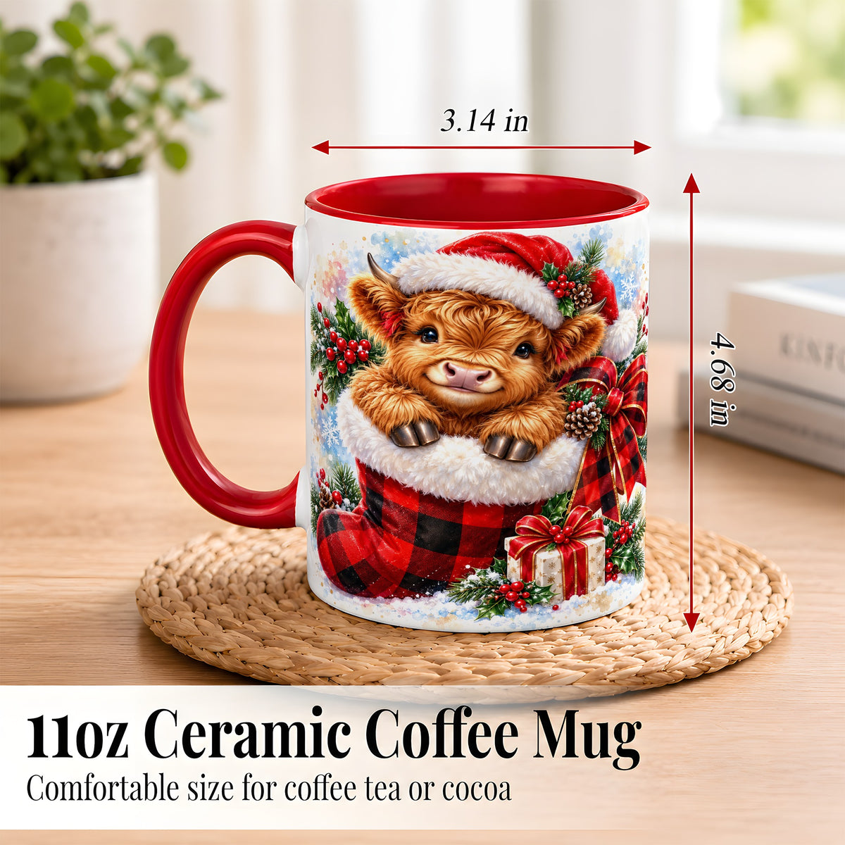 #pl[11oz|Red] Christmas Highland Cow Coffee Mug, Watercolor Calf Mug, Ceramic Cup